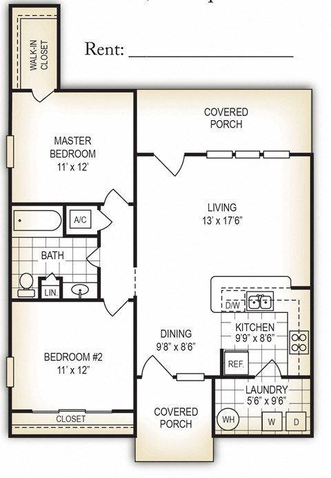 The Brook 2 bedroom 1 bathroom floor plan at Dothan Farms Apartments, Alabama